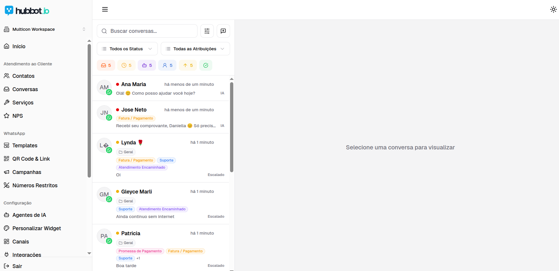 Tela de conversas unificadas do HubBot