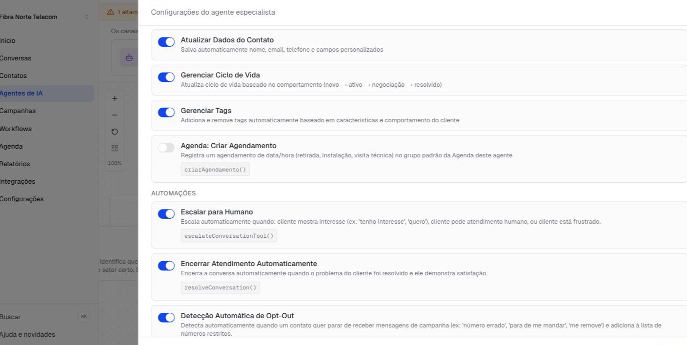 Configuração de um agente de IA do HubBot, com as ferramentas e automações que ele pode usar