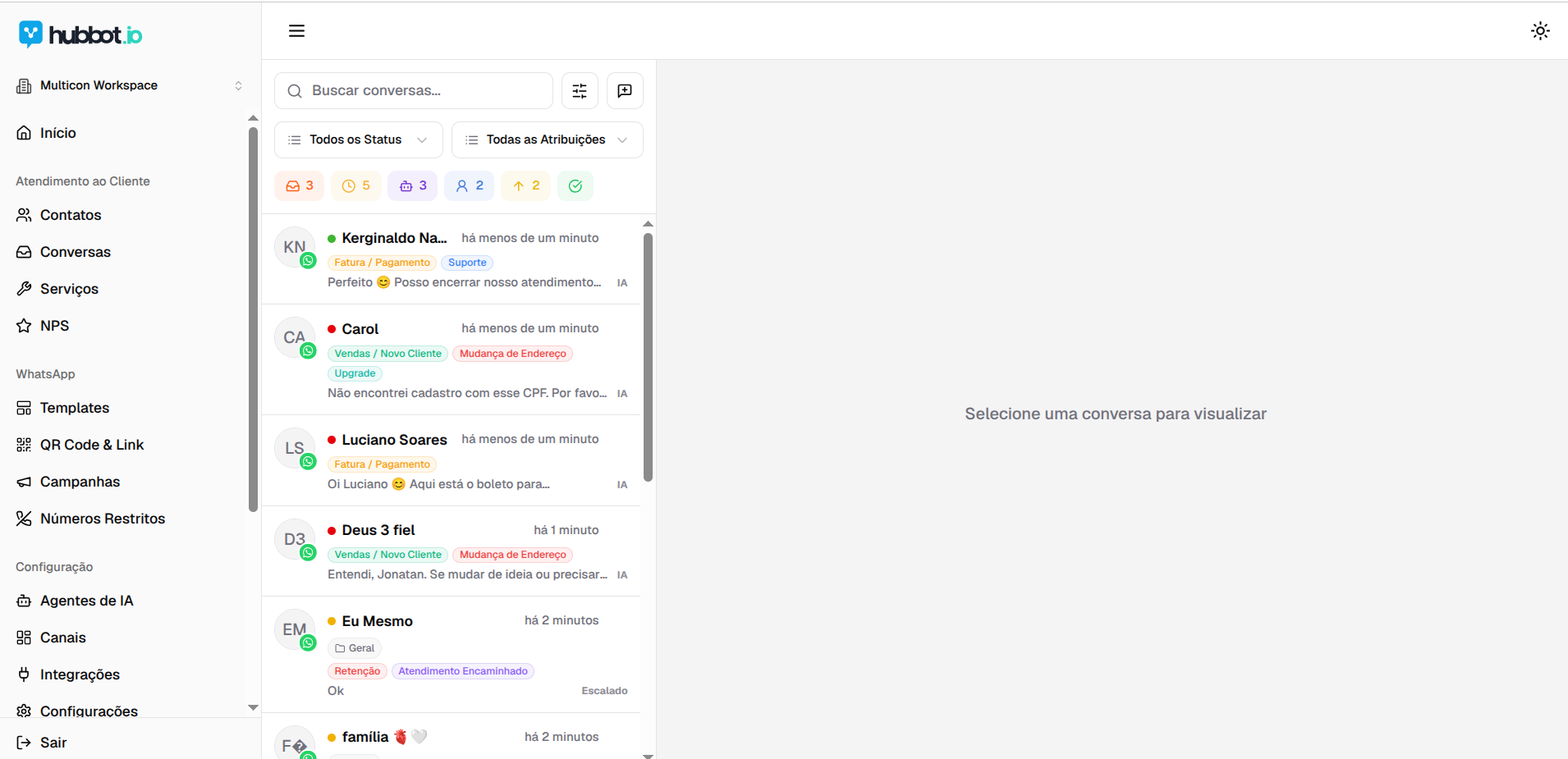 Tela de conversas unificadas do HubBot