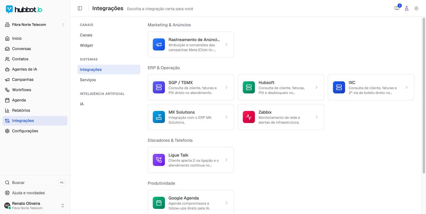 Catálogo de integrações do HubBot com IXC, SGP, Hubsoft, MK Solutions, Zabbix, Ligue Talk e Google Agenda