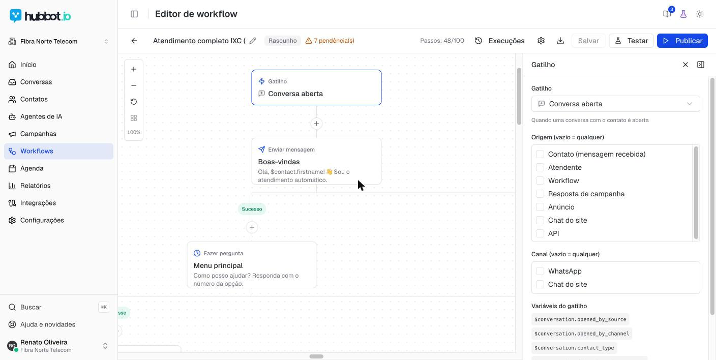 Editor de workflows do HubBot